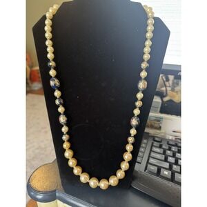 Vintage Japan painted cobalt beads faux pearl chunky necklace